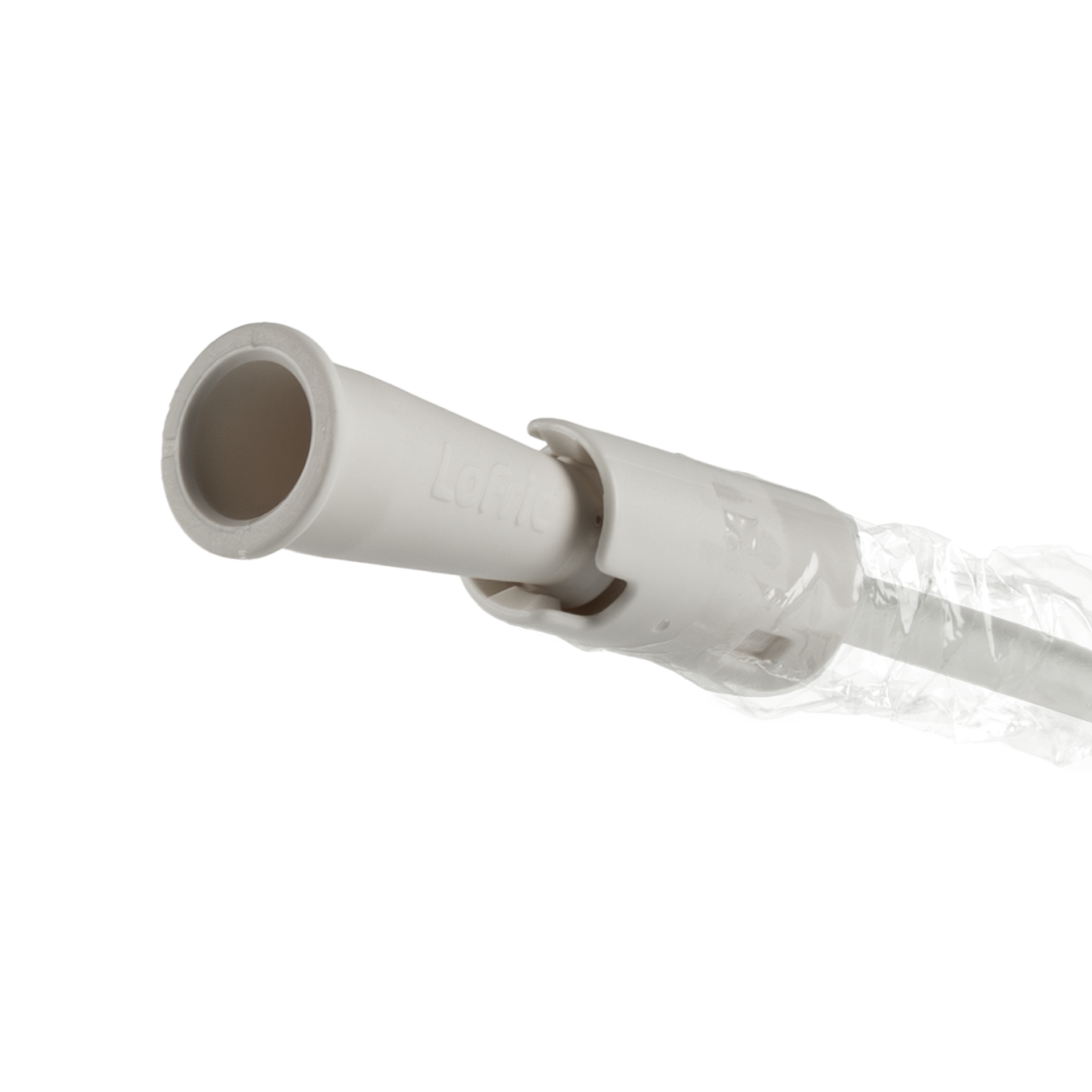 Close up image of LoFric Origo connector and protective sleeve for web in 1:1 square format
