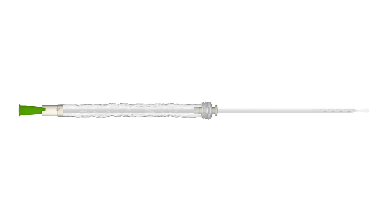 LoFric Origo Pro product image in 16:9 for the website, showing the catheter taken out of the packaging and with the protective sleeve pulled half way down.