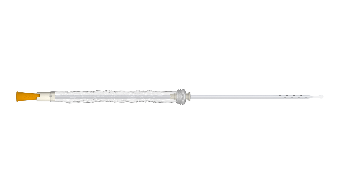 LoFric Origo Pro product image in 16:9 for the website, showing the catheter taken out of the packaging and with the protective sleeve pulled half way down.